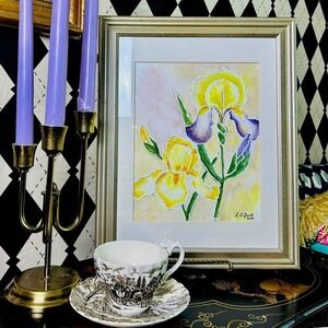 Original Iris Floral Mixed Media Painting Signed & Professionally Framed
